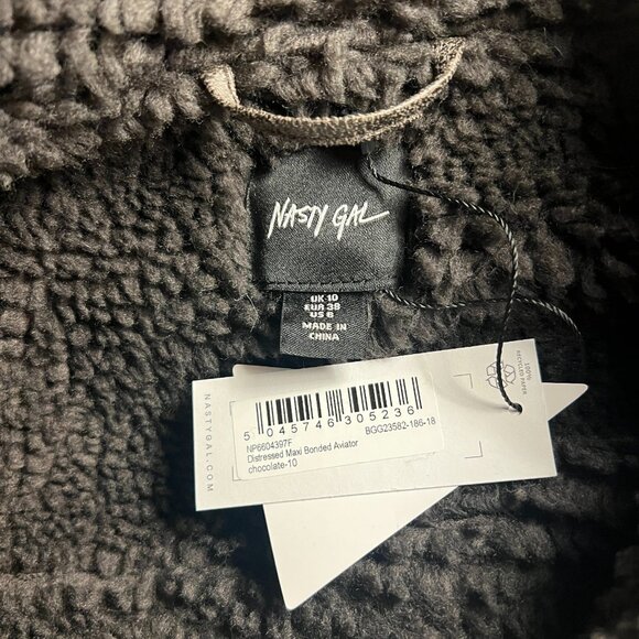NWT | Nasty Gal | US 6, oversized | Distressed Maxi Bonded Aviator Coat Brown - Picture 7 of 14